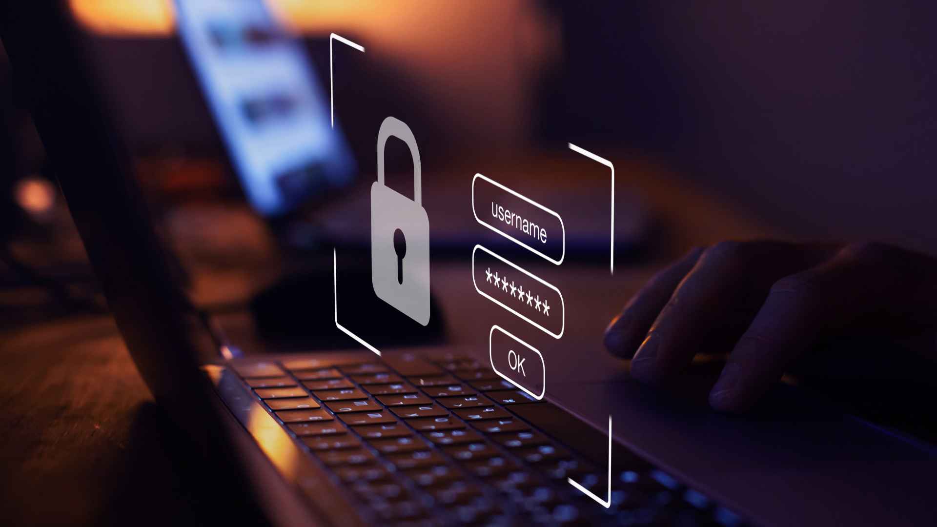 Secure login prompt over a laptop keyboard at night